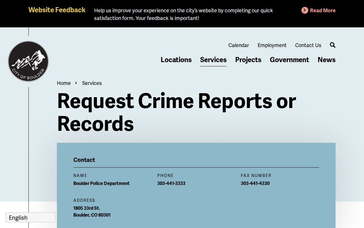 Boulder Police records request page for Boulder arrest reports and police-held photos