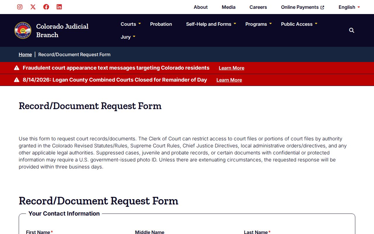 Boulder County criminal court record and disposition request