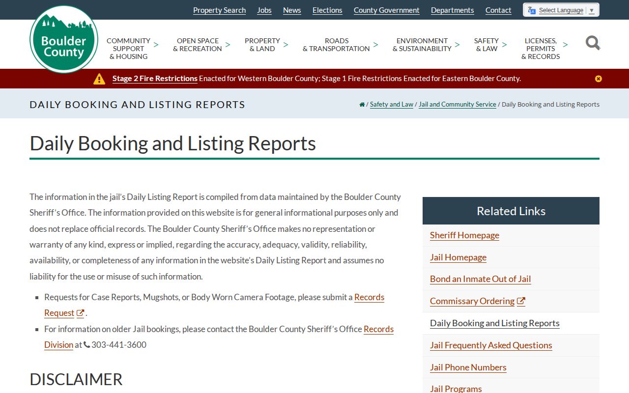 Boulder County jail roster and daily booking report gateway