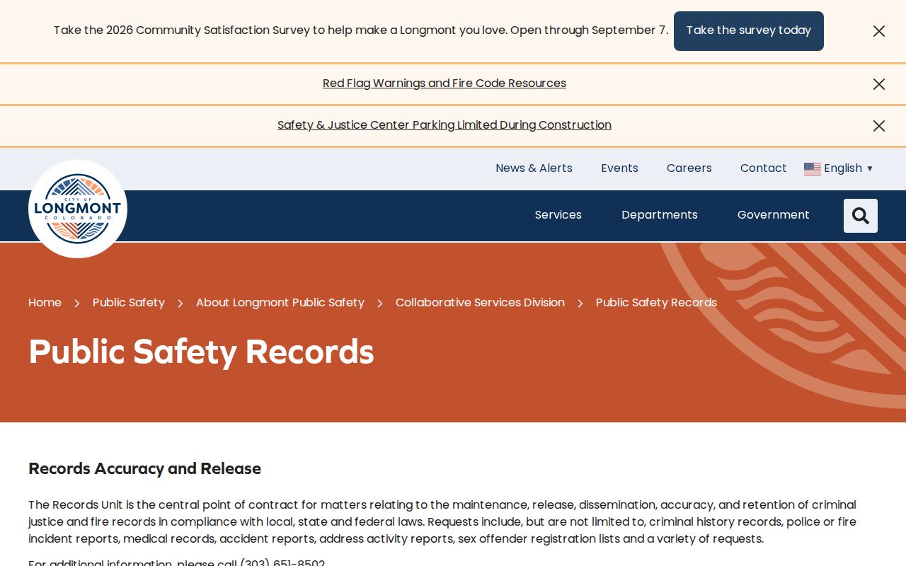Longmont Public Safety Records page for Longmont arrest reports and police-held photos